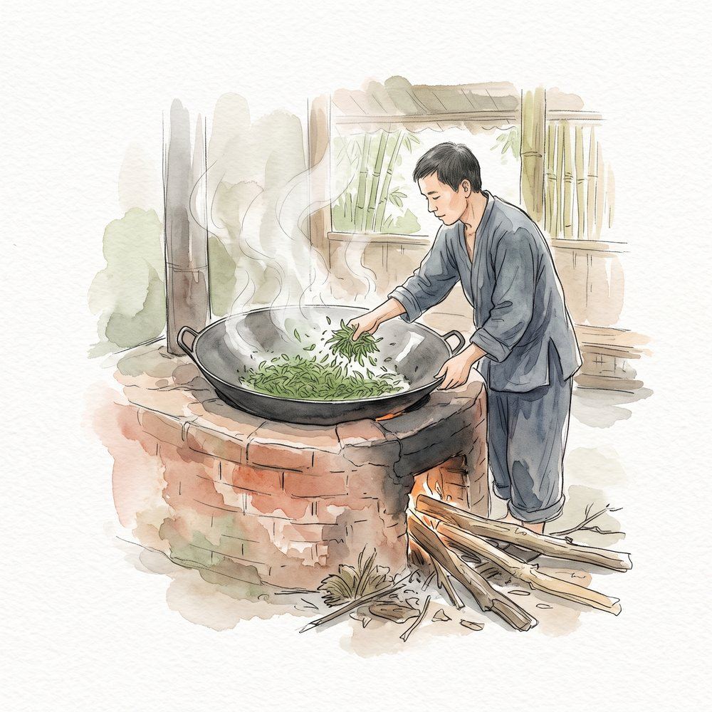 Sao chè trên chảo gang đặt trên bếp củi