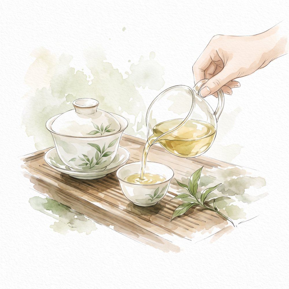 Rót trà từ tống ra chén, bên cạnh chén khải