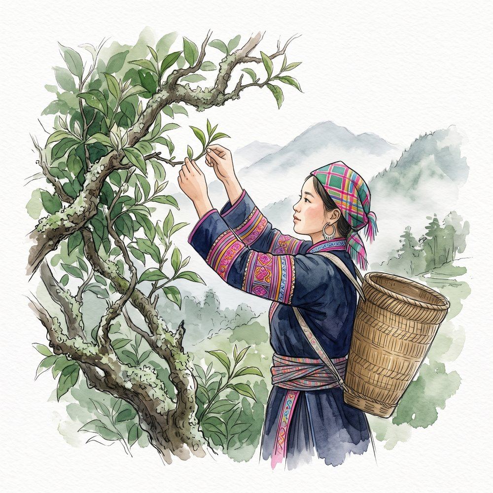 Người phụ nữ H'Mông hái búp chè trên cây cổ thụ